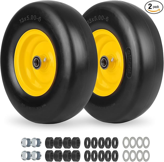 13x5.00-6 Flat Free Lawn Mower Tire and Wheel, Smooth Tread Tire for Lawnmower, Bearing Bore Hole 3/4" & 5/8, 3.25"-5.9" Centered Hub, 2 PCS