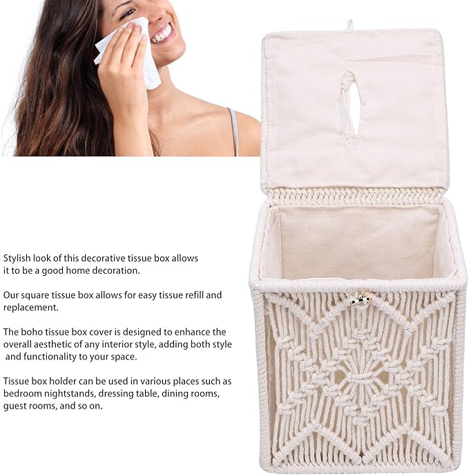 Tissue Box,lace Square Open Tissue Box,Cover Boho Decor Square Holder Woven Macrame Napkin Facial Paper Organizer Home Decor for Bedroom Living Room