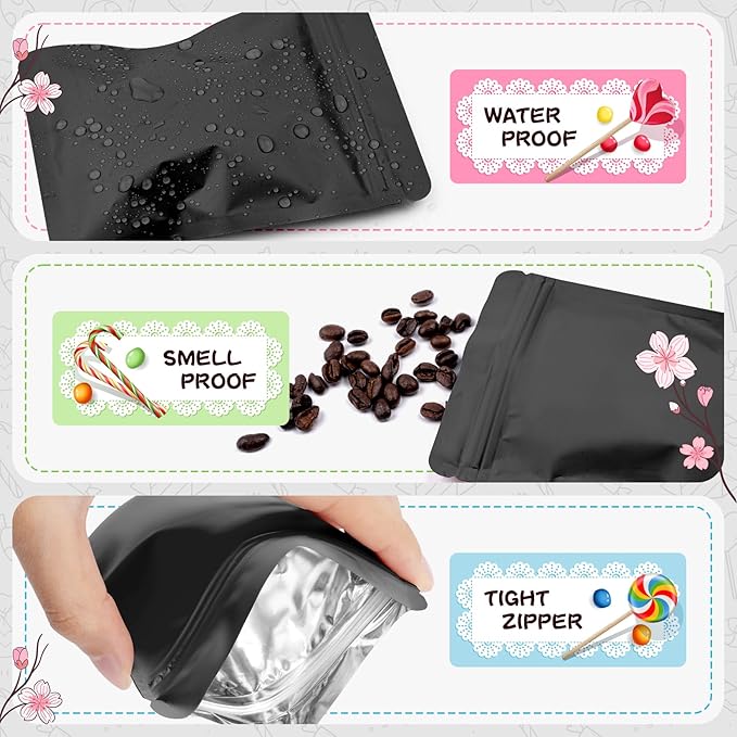 Funfery 100 Pack Black Mylar Packaging Bags Resealable Bags Double Sided Color Odor Proof Pouch Baggies Smell Proof Foil Bag for Food Storage,Small Business(Black,2.4x3.9inch)