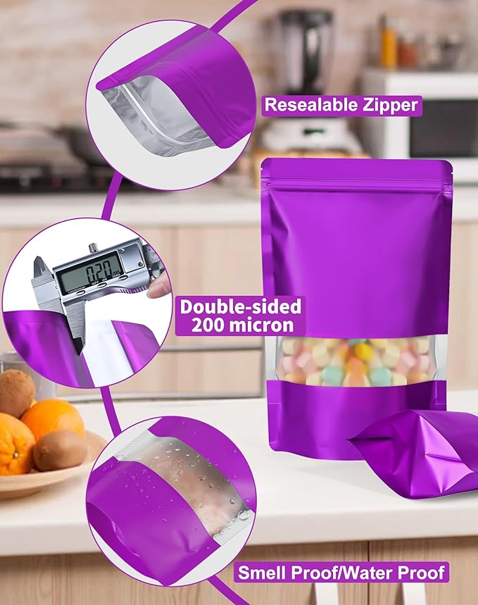 FireKylin 100 Pack Smell Proof Bags 6.3" x 9.4", Resealable Bags with Matte Window, Foil Pouch Stand Up Sealable Bags for Packaging(Purple)