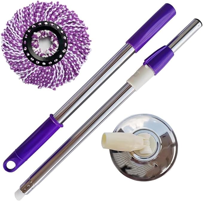 Spin Mop Replacement Handle - 360 Degrees Rotating Telescopic Stick With Robust Reinforced Plastic Disc for Bucket Cleaning System (Stainless Steel, Purple)