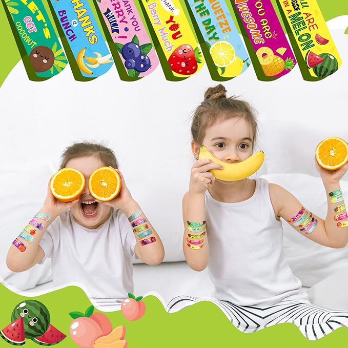 Patelai 300 Pieces Kids Bandages Bulk 10 Styles Children's Adhesive Flexible Colorful Cute Cartoon Bandages Waterproof Breathable Stickers Protection Care Cuts for Girls Boys(Fruit)