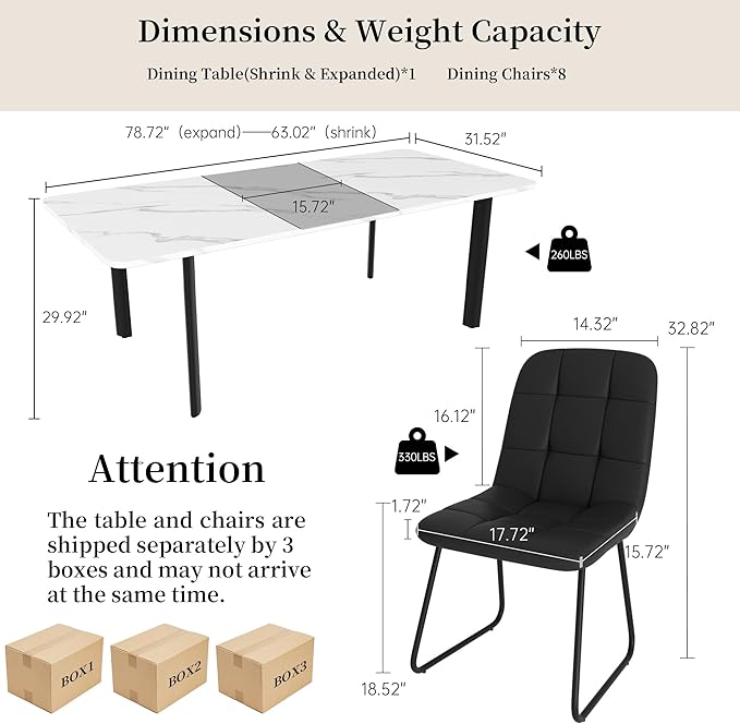Extendable Dining Table Set for 6-8 People, 63 to 78.7 Inch MDF Kitchen Table with 8 Faux Leather Dining Chairs, Space-Saving for Dining Room, Breakfast Nook (White Table & 8 Black U-Shaped Chairs)