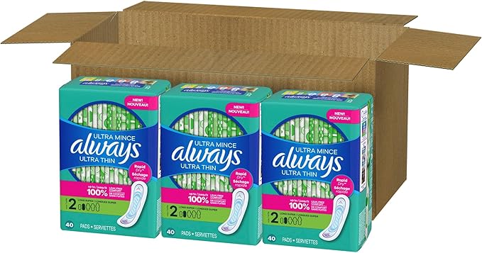 Always Ultra Thin Feminine Pads without Wings for Women, Size 2, Long Super Absorbency, Unscented, 40 Count x 3 Pack (120 Count total) (Packaging May Vary)