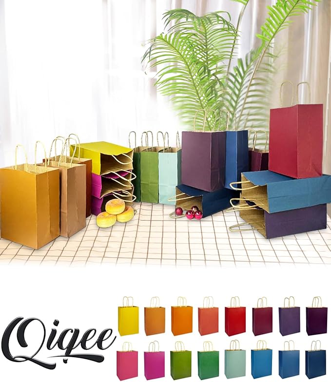 qiqee 32-Packs Paper Bags with Handles Bulk 8.26"×6"×3.15" Small Gift Bags 16 Different Senior Color Bags Multiple Uses（Small Size）