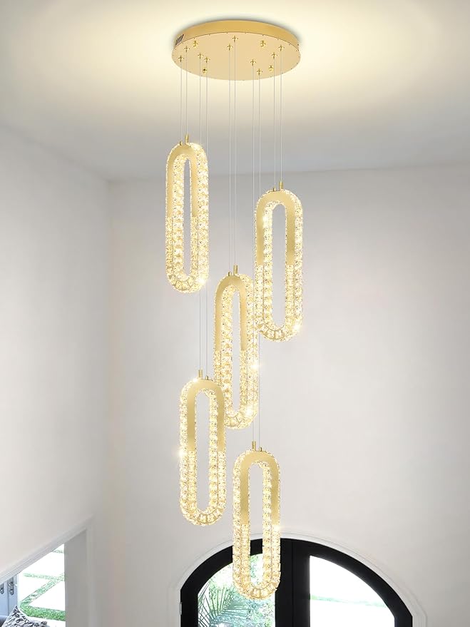 5 Rings Crystal Chandeliers for Staircase Large Pendants Light Fixture Gold High Ceiling Chandelier for Entryway Bedroom Foyer 2700K-6000K