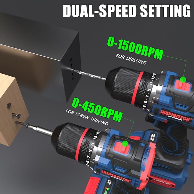 20V Cordless Drill Set, Brushless Power Drill with 2 Batteries and Charger, 3/8-Inch Metal Chuck, 22 Torque Settings, Drill/Driver Bits and Tool Bag Included