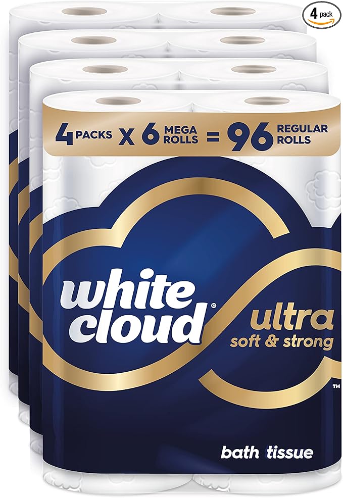White Cloud Ultra Soft & Strong Toilet Paper, 4 packs of 6 Mega Rolls = 96 Regular Rolls