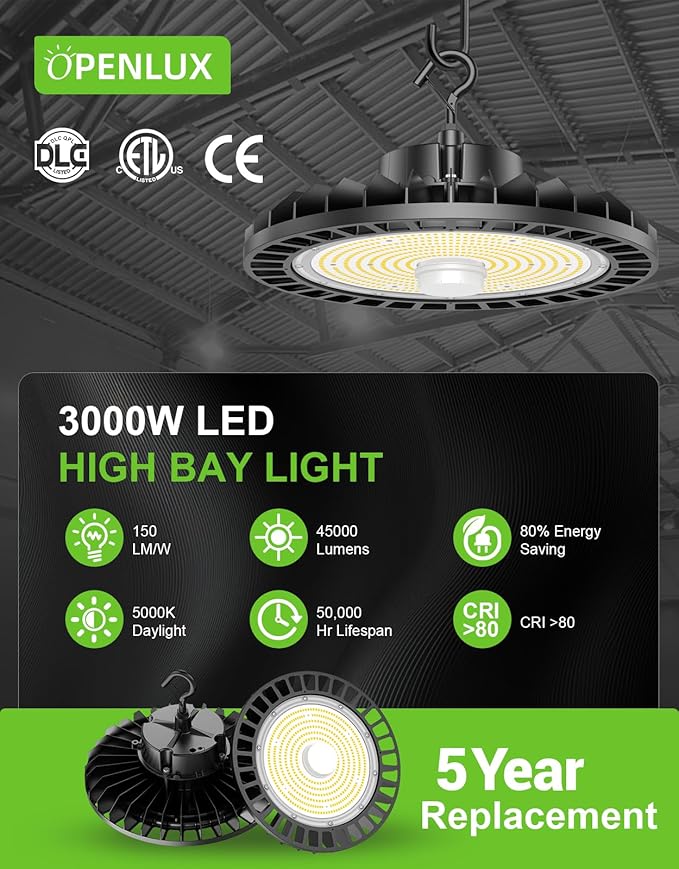 300W High Bay LED Shop Lights Dimmable with Remote Control 45000lm 5000K UFO ETL DLC Listed LED High Bay Light for Warehouse Garage AC 100-277V