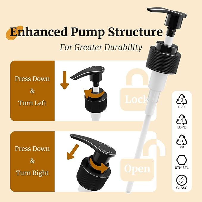 PrettyCare Set of 2 16oz Amber Glass Bottles with Black Pumps - Leak-Proof, Refillable Empty Dispenser for Shampoo, Conditioner & Thick Liquids - with Waterproof Labels