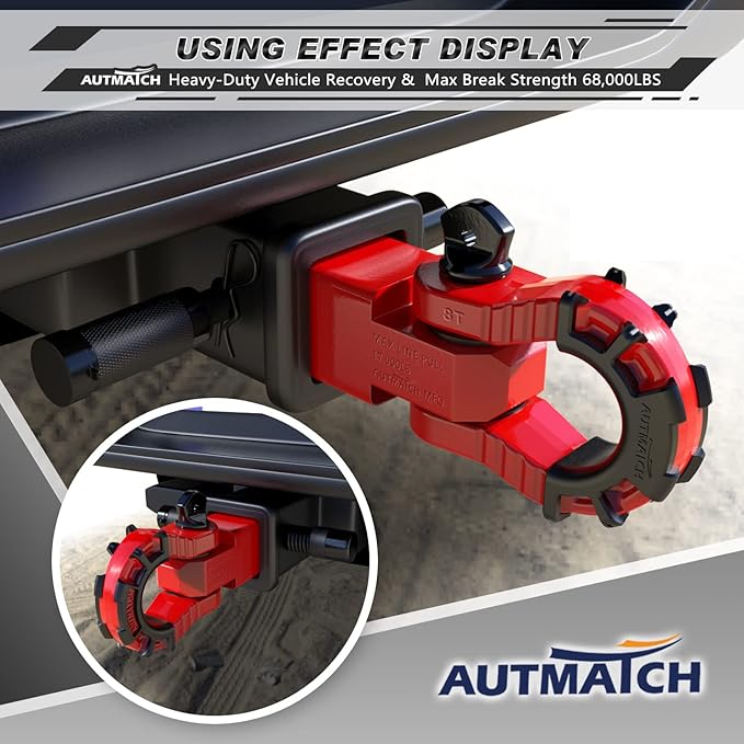 AUTMATCH Shackle Hitch Receiver 2" with 3/4" Mega D Ring Shackle and 5/8" Trailer Hitch Lock Pin, 68,000 Lbs Break Strength Heavy Duty Receiver Towing Kit for Off-Road Vehicle Recovery, Red