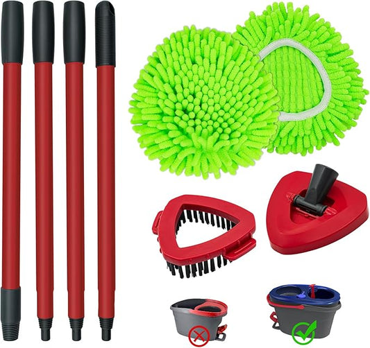 Spin Mop Head, Base, Scrub Brush, Handle Replacement for O-Cedar RinseClean 2-Tank System, Includes 2 Chenille Mop Refills, 4-Section Handle Pole, 1 Scrubber Head, 1 Triangle Base Cover for Ocedar