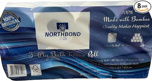 Northbond Strong & Soft 3-Ply Bamboo Toilet Paper – Eco-Friendly, Sustainable, Ultra-Absorbent Bulk 8-Pack (72 Regular Rolls), 4617 Sheets for Families, Septic-Safe & Biodegradable.
