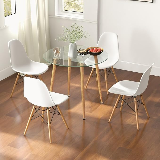 Tangkula 5-Piece Dining Table Set for 4, Kitchen Table Set with Seat, Solid Wood Legs, Metal Frames & Tempered Glass Tabletop, Round Dinner Table & 4 Chairs for Home, Natural