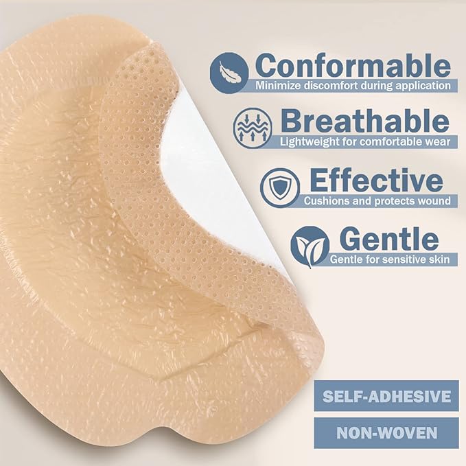 EVERLIT Sacrum Silicone Foam Dressing | Highly-Absorbent Waterproof Sacral Bandage Pad for Bed Sore Pressure Ulcer Wound Care | Sterile Adhesive Dressing for Chronic Wounds (7" x 7" | 5 Pack)