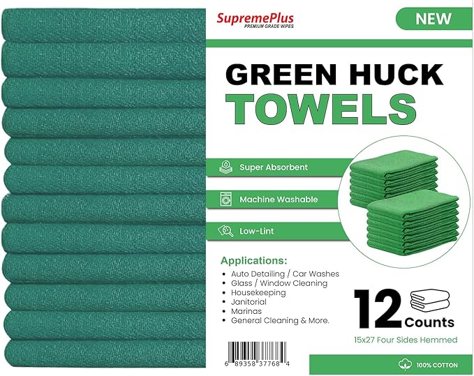 Premium Green Huck Towels – (12 Pack) 15 x 27 inches 100% Cotton Bulk Towel for General Cleaning, Auto Shop, and Hospital Use, Super Absorbent, Machine Washable Cloth