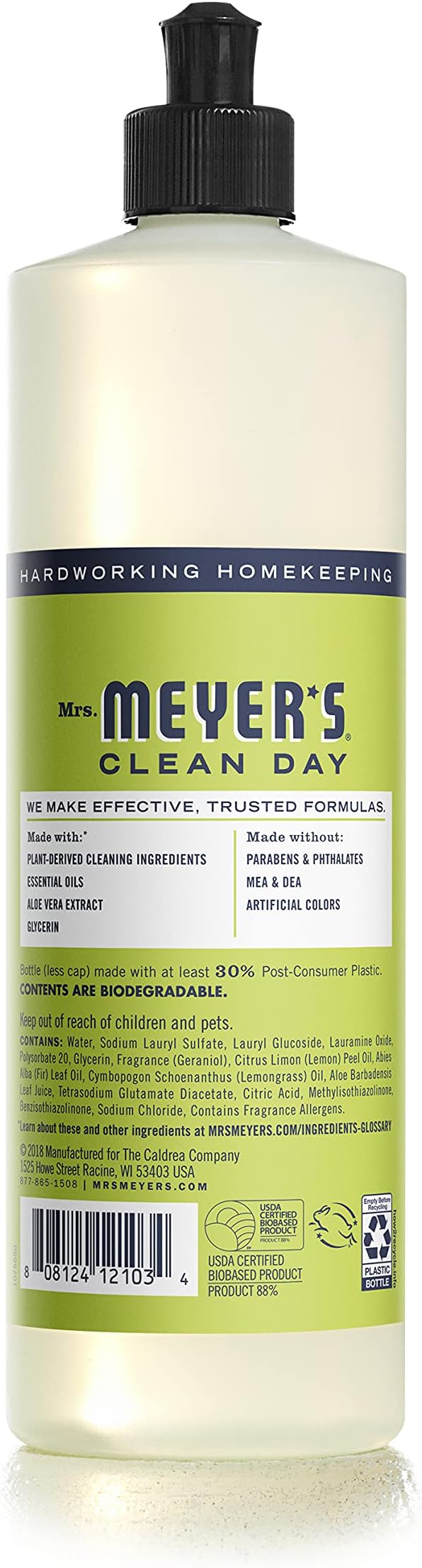 MRS. MEYER'S CLEAN DAY Liquid Dish Soap, Biodegradable Formula, Lemon Verbena, 16 fl. Oz