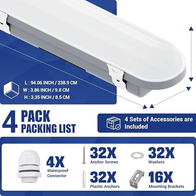 8FT LED Vapor Tight Light 120W/100W/80W,3/4/5000K CCT Selectable 18000lm (150W Eq.) IP66 Waterproof Shop Light 8feet LED Vapor Proof Fixture for Parking Garage Car Wash Warehouse ETL 4-Pack