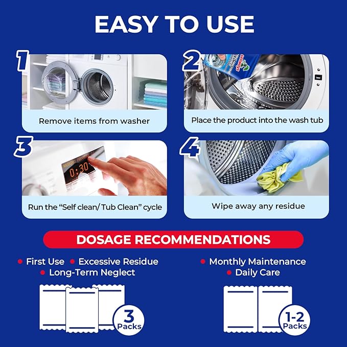 Washing Machine Cleaner Powder 12 Pack - Deep Clean Solution for HE Top Load and Front Load Washers, Descaler for Drum, Tub & All Internal Parts - 12 Month Supply