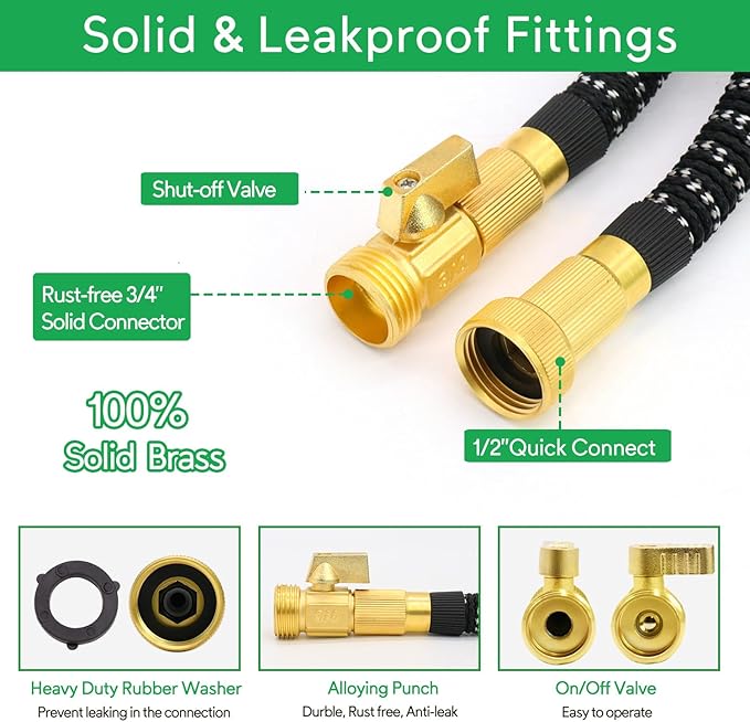 75 ft Expandable Garden Hose, 2025 New Ultra Lightweight Kink Free Flexible Water Hose 75ft, 10 Pattern Spray Nozzle, Leak-Proof Solid Brass Fittings, High-Density Outer Fabric & Durable Inner Core