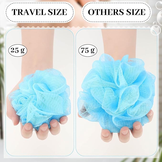 12 Pcs Travel Size Loofah Individually Wrapped, Small Shower Puff Bath Sponge Pouf Ball Bulk Mesh Bath Puff Mini Loofah Sponge with Case Bulk for Shower Care (25g,Blue)