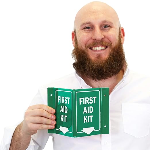 SmartSign First Aid Kit Projecting Sign with Down Arrow - 5" x 6", V-Shaped Acrylic Sign for Hallway, Corridor, Green and White, Made in USA