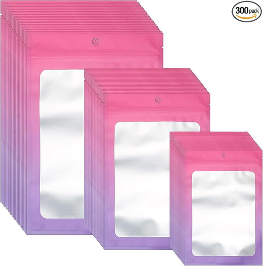 300 Pcs Gradient Mylar Bags, 3 Size Smell Proof Bags with Clear Window Foil Pouch Bags Resealable Bags for Small Business and Food Storage, Pink Purple