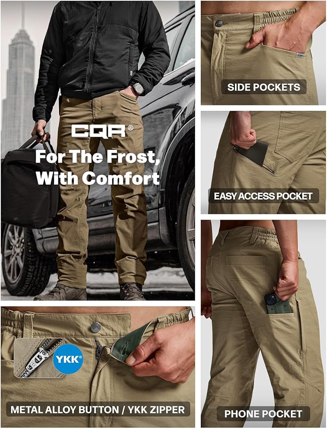 CQR Men's Winter Fleece Lined Pants, Water-Resistant Outdoor Stretch Work Pants, Windproof Casual Pants with Pockets
