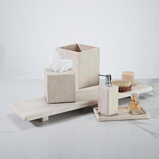 Ivory Travertine Soap Pump, Refillable Bathroom Liquid Dispenser with Stainless Steel Pump, Natural Organic Stone Hand Lotion Dispenser, Pump Bottle Dispenser for Bathroom and Kitchen Countertop