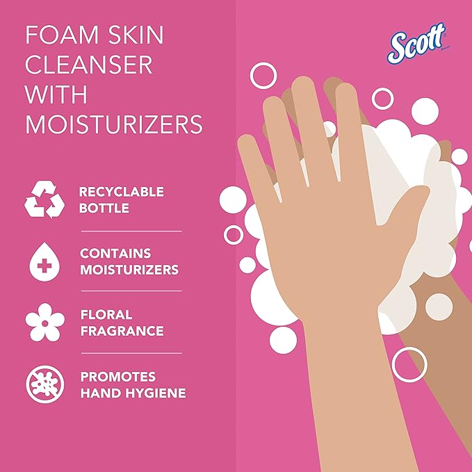 Scott Professional Foam Hand Soap with Moisturizers (11280), 1.5 L, Foaming, Pink, Floral Scent, Under-Counter Refills for Kimberly-Clark Professional Top Mounted Dispensers (2 Bottles)