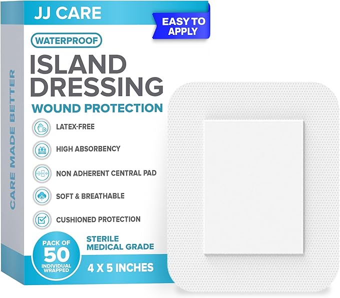 JJ CARE Waterproof Adhesive Island Dressing [Pack of 50], 4" x 5" Sterile Bordered Gauze, Breathable Island Wound Dressing, Individually Wrapped Adhesive Gauze Bandages with Non-Stick Central Pad