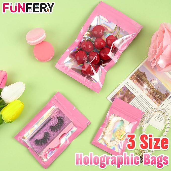 Funfery 300 Pack 3 Size Mylar Holographic Bags with Clear Window, Resealable, Smell Proof, Zipper Foil Bags for Food Storage, Sample, Small Business (Pink, 3x4.7, 4x6, 4.7x7.9in)