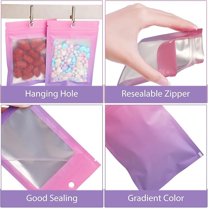 Funfery 100 Pcs Resealable Smell Proof Bags for Food Storage,Gradient Clear Cute Mylar Bags for Small Business Foil Pouch Zipper Packaging Bag for Sample Jewelry Eyelash Gloss(Pink Purple,3.1×4.7in)
