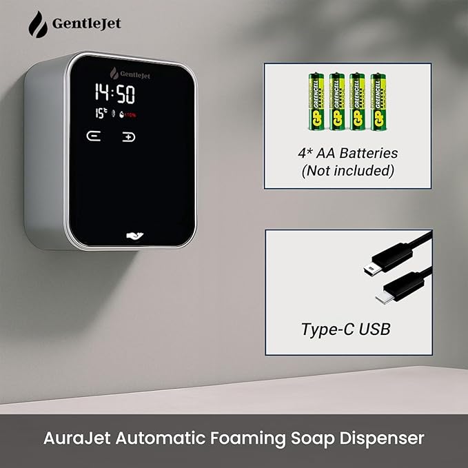 AuraJet Automatic Foaming Soap Dispenser, LED Display, Aluminum Alloy Body, 5 Foam Levels Adjustable, USB-C or Battery Powered, 16.2 oz Automatic Soap Dispenser Touchless Wall Mount