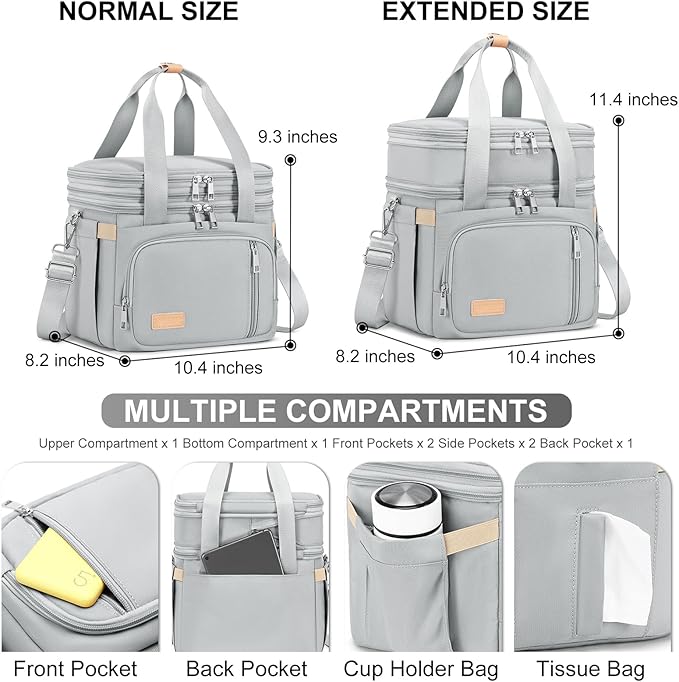 Lunch Box for Men Women - Double Deck Insulated Lunch Bag, Large Leak Proof Tote Cooler, Wide Open Dual Compartment Lunch Bags with Shoulder Strap, For Work Picnic Hiking Beach, Grey