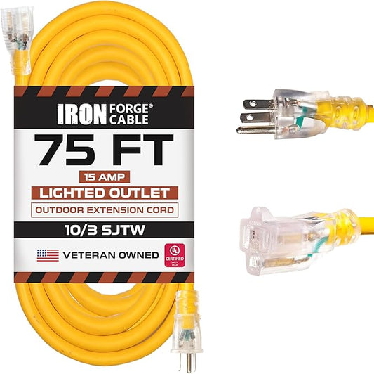 Iron Forge Cable Outdoor Extension Cord 75 Ft - 10 Gauge Heavy Duty Extension Cord, 15 AMP, 10/3 Yellow Power Cable SJTW Weatherproof with 3 Prong