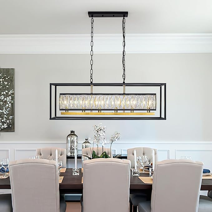 Crystal Chandeliers for Dining Room 6-Light Modern Black Gold Chandelier Rectangle Luxury Ceiling Light Fixture for Kitchen Island L35''