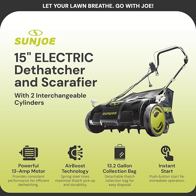 Sun Joe Corded Dethatcher & Scarifier with 13.2-Gal Bag, 15-Inch Cutting Width, 13-Amp Motor - Heavy-Duty Yard Trimmer for Gardening Care and Lawn Maintenance, AJ805E