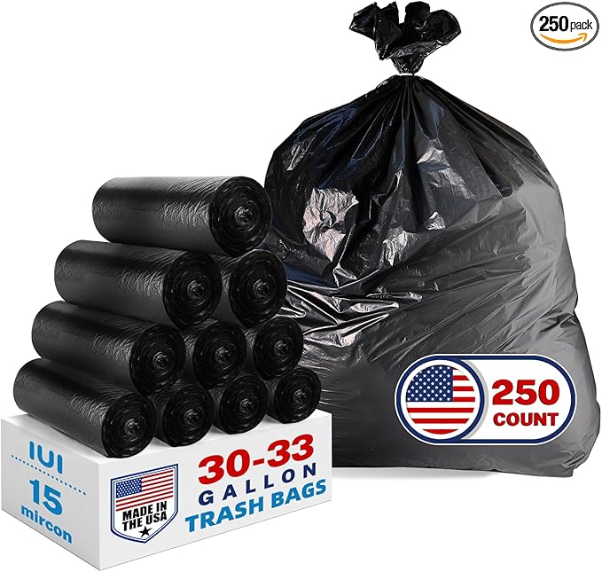 Trash Bags 30-33 Gallon, Black - Medium Duty 250 Count Bulk Pack | 32" x 38" | Durable & Tear-Resistant Garbage Bags for Home, Commercial, Construction & Outdoor Use | Made in USA
