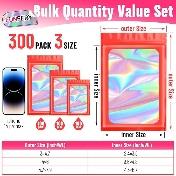 Funfery 300 Pack 3 Size Mylar Holographic Bags with Clear Window,Resealable Bag Smell Proof Foil Baggies Packaging Pouch for Food Storage,Sample,Small Business(Red,3x4.7,4x6,4.7x7.9in)