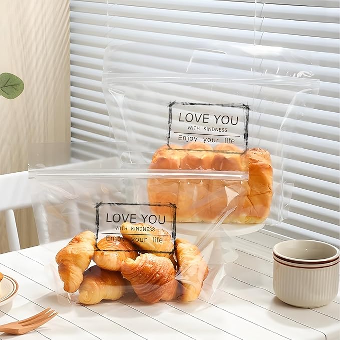 50 pcs 9 Inch Large Clear Bread Plastic Bags with Handle, Sealing Zipper Loaf Packaging with 'Love You' for Homemade Bread Cookie, Bakery Cafe