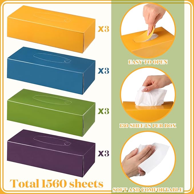 Yinder 12 Packs 1560 Sheets Soft Facial Tissues Box 2 Ply 130 Sheets Per Box Household Facial Tissues Bulk Fit for Bathroom Kitchen Office Car Home Use(Simple Style)