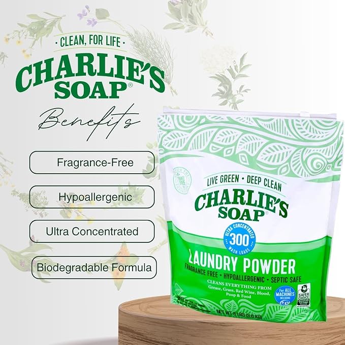 Charlie’s Soap Laundry Detergent Powder – 8 lb Bulk, Fragrance-Free, Hypoallergenic, Plant-Based, Biodegradable, Eco-Friendly, Deep Cleaning Powder for Sensitive Skin & HE Washers
