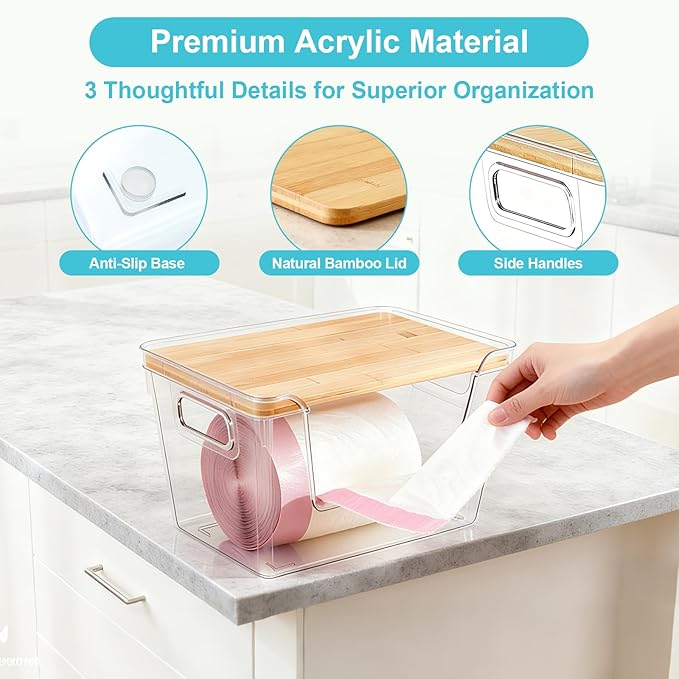 2-Pack Trash Bag Holder with Bamboo Lid, Acrylic Stackable Trash Bag Dispenser for 13/30/33 Gal Bags, Large Garbage Bags Dispenser Holder for Kitchen Laundry Room Under Sink Organization