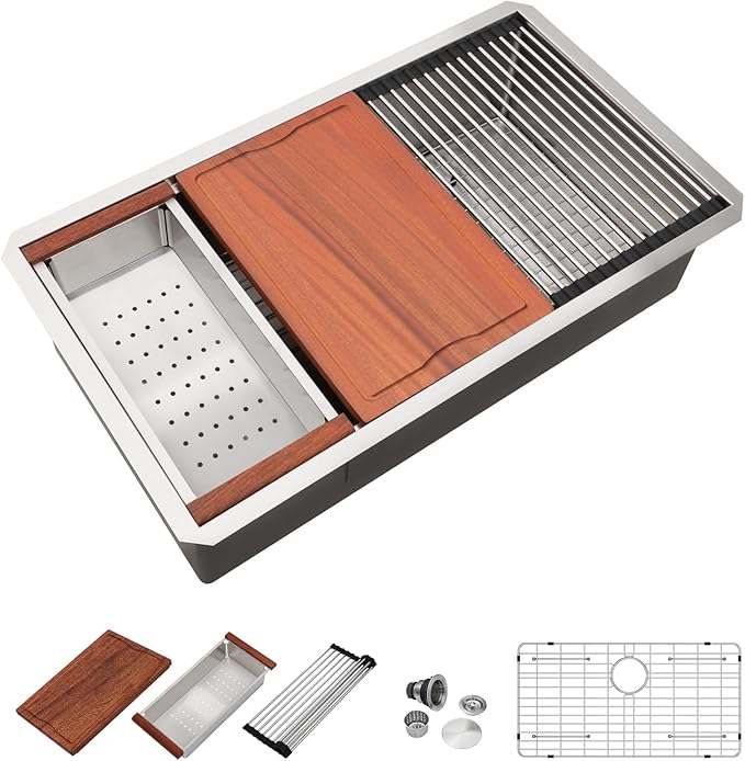 Dcolora 32 Inch Kitchen Sink Undermount Workstation Handmade-Welding 16 Gauge Stainless Steel Large Single Bowl Sinks, Round Corner 32"x19"x10", DC-U7744
