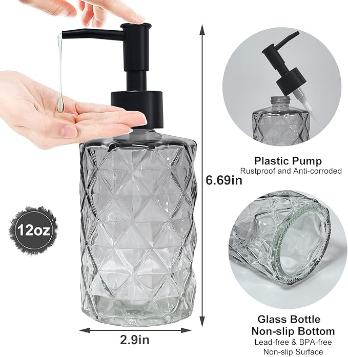 Crystal Glass Soap Dispenser, 12oz Gradient Grey Bathroom Hand Dispenser, Lotion Dispenser with Black Plastic Pump for Modern Home Decor, Kitchen Countertop, Hotel