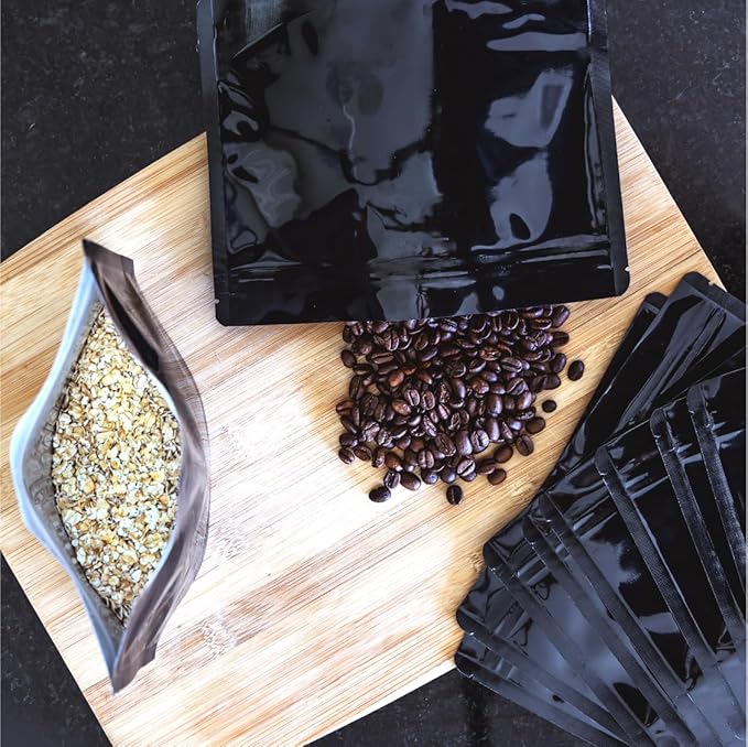 50 Pack 7.5 Mil Black Mylar Stand Up Bags - 8.5x6.5 Inches Resealable Smell Proof Zipper Pouch Bag withstand Hot Water - Heat Sealable Foil Packaging Pouches for Food Storage - Glossy Black