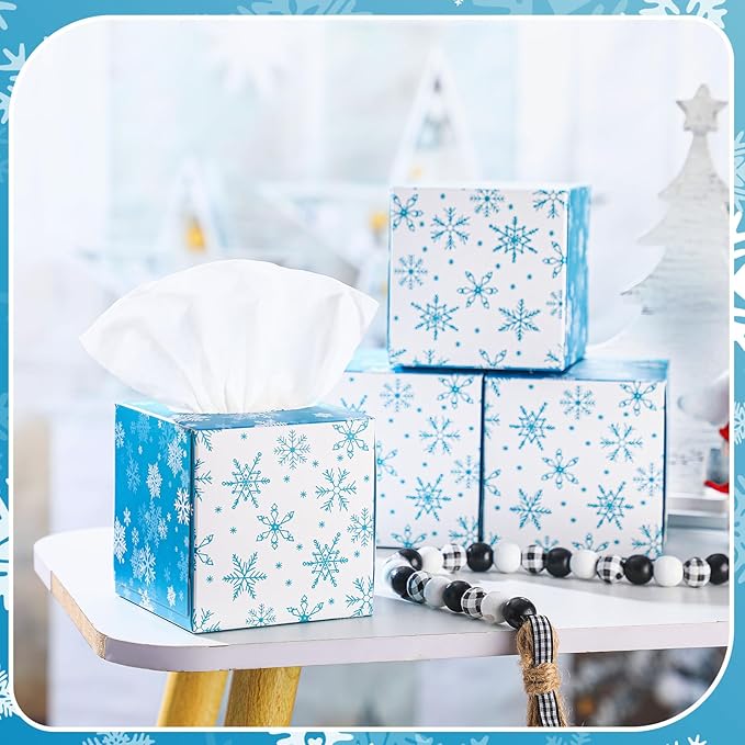 Bencailor 12 Pack Snowflake Facial Tissues Cube Boxes Winter Christmas Tree Square 600 Sheets 3 Ply Small Tissues Cube Boxes for Home Car Accessories(Blue and White,Snowflake)