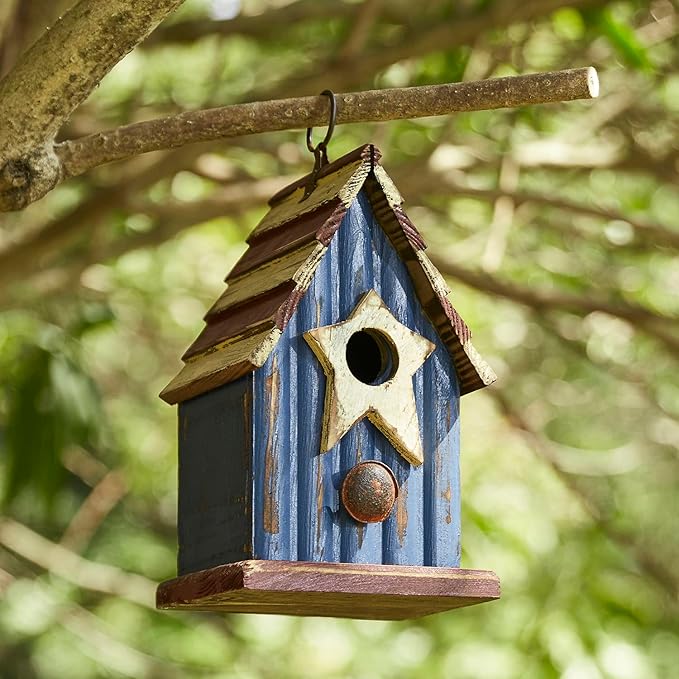 Glitzhome Rustic Patriotic Garden Distressed Wooden Decorative Bird House 9" H