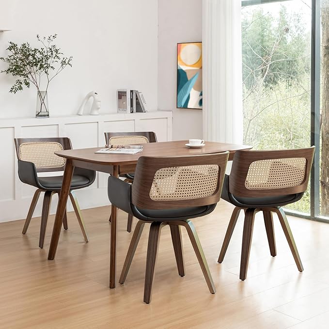 Set of 4 Cane Back Dining Chairs - Swivel Dining Room Chairs with Curved Arms, Ergonomic Cane Back, Walnut Craftsmanship, Versatile for Restaurant/Conference/Kitchen/Living Room (Walnut Brown)
